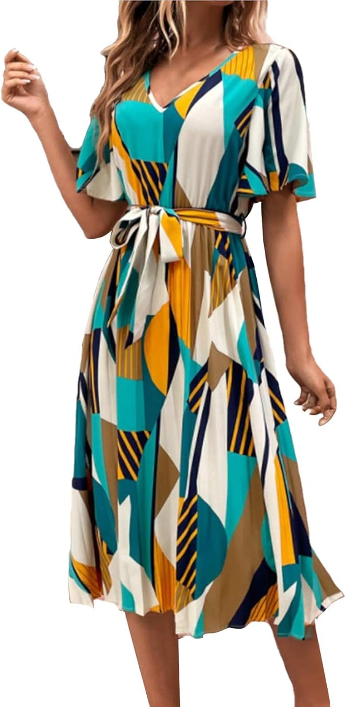 Viral-Geometric Chic Belted Midi Dress