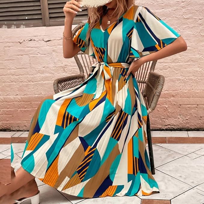 Viral-Geometric Chic Belted Midi Dress