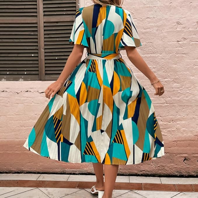 Viral-Geometric Chic Belted Midi Dress