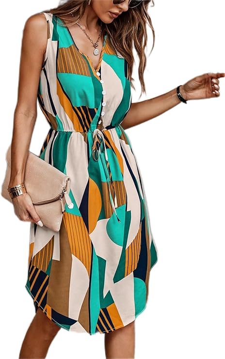 Viral-Geometric Chic Belted Midi Dress