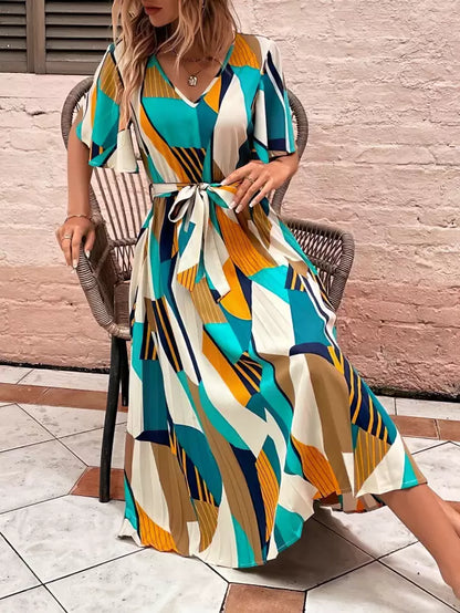 Viral-Geometric Chic Belted Midi Dress